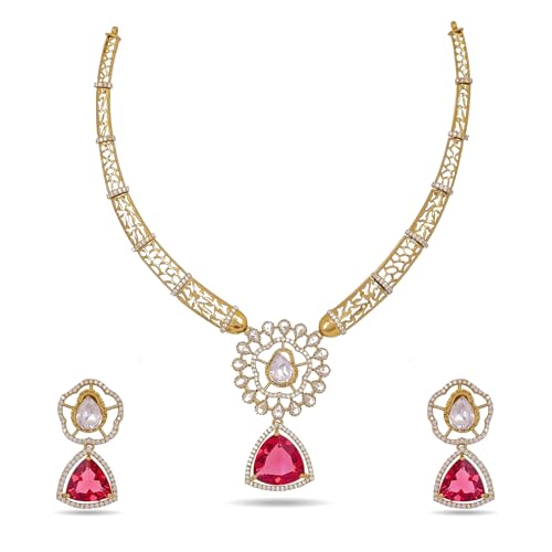 ZYRA JEWELS Micro Gold Plated Floral Necklace Set with American Diamond, Zircon & Moissanite Stones | Party Bling Luxury Designer Jewelry for Women & Girls (Ruby Red)