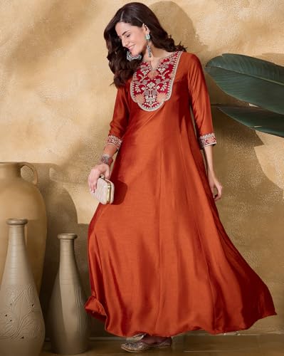 SheWill Orange Vichitra Silk Zari Sequence Thread Cording Embroidered Gown for Women – Elegant Floor-Length Ethnic Ensemble with Graceful Detailing SHEKR10215_ROOH_B