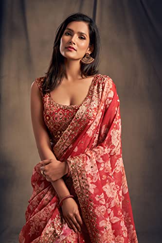 Zeel Clothing Women's Organza Floral White Semi-Stitched Lehenga Choli (7617-Red-Women-Floral-Lehenga-Latest, Corel Red)