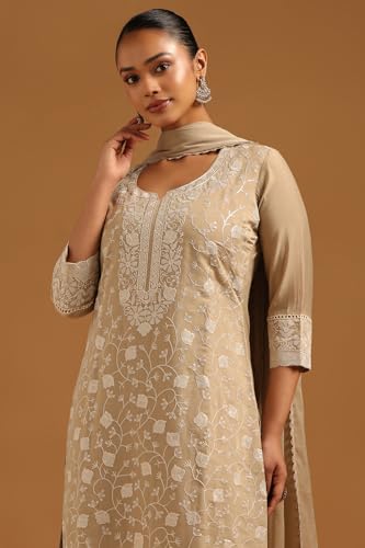 Soch Womens Beige Mul Chanderi Botanical Salwar Suit With Machine Embroidery and Sequin Details
