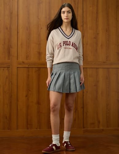 U.S. POLO ASSN. Women Relaxed Fit Brand Printed Sweater (UWAW25SWE197_Beige_M)
