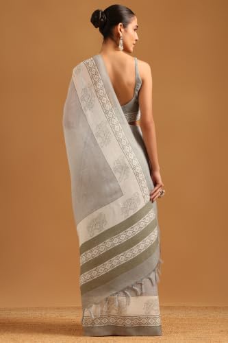 Soch Womens Grey Linen Ethnic Motifs Printed Saree