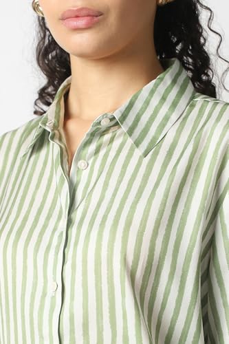 Women Green Stripe Long Sleeves Formal Shirt
