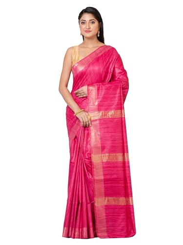 RACHBAI Women's Tussar Ghicha Golden zari Boader pure silk saree with Unstiched blouse (Pink)