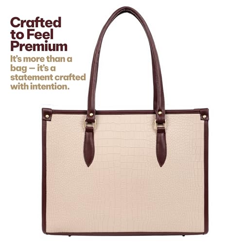 Pramadda Pure Luxury Bianca Laptop Tote bag for women office use | Large Handbags for woman | Stylish Tote bags for college | Bags for women latest. (Classic Beige)