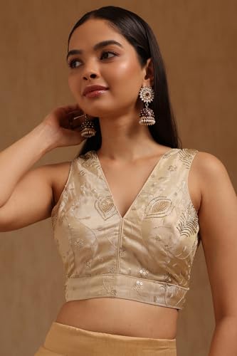 Soch Womens Light Gold Tissue Embroidered Padded Blouse with Sequins