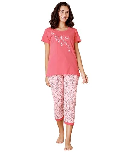BODYCARE Women's Cotton Printed T-Shirt and Capri Set | Soft & Breathable Nightwear | Short Sleeves | Loungewear Co-Ord Set| BSCS16028_95 Multicolour