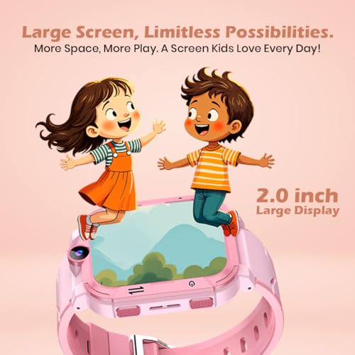PunnkFunnk Safeguard Kids Smart Watch 5G/4G with SIM Calling, GPS Tracker, Video Calling, SOS Alerts, Face Unlock, Voice Chat, Games, IP67 Waterproof, 800mAh Battery (Pink)