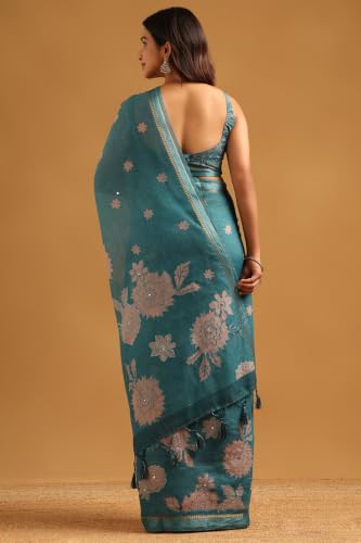Soch Womens Turquoise Blue Silk Blend Digital Printed Floral Saree With Mirror-Work