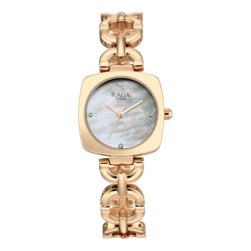 Titan Raga Showstopper 5.0 Quartz 3 Hands Shaped White MOP Dial, Rose Gold Strap Watch for Women - 95481WM01
