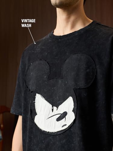 The Souled Store Mickey Mouse: Not Mousy Men and Boys Short Sleeves Round Neck Charcoal Grey Graphic Printed Casual Lightweight Drop Shoulder Streetwear Trendy Oversized T-Shirts