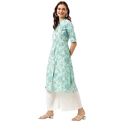 Divena Sea Green Floral Printed Cotton A-Line Kurta