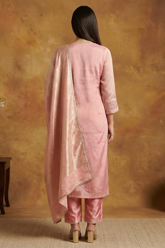 W for Woman Pink Floral Tissue Straight Kurta with Straight Pant and Dupatta Set-(WS13241-224192-M)