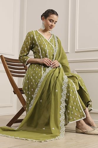 Biba Women Mehandi Green Chanderi Kalidar Dyed Suit Set_32