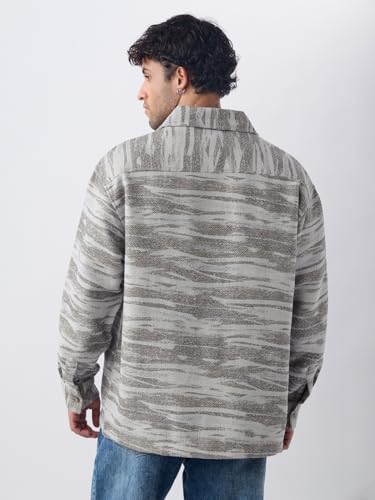 The Souled Store Jacquard: Ash Terrain Men and Boys Full Sleeves Spread Collar Button Front Textured Cotton Polyester Lightweight Everyday Casual Oversized Shacket