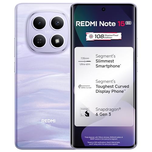 REDMI Note 15 5G (Mist Purple, 8GB RAM 256GB Storage) | 108MP OIS Camera | Snapdragon 6 Gen 3 | 17.2cm Tough Curved AMOLED Screen | Segment's Slimmest Phone | 5520mAh Si/C Battery | 45W Fast Charging