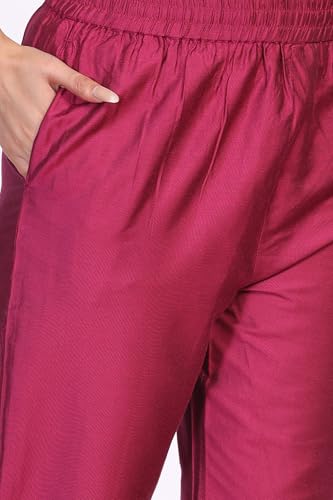 W for Woman Pink Ethnic Motifs Zari Embroidered A-Line Jacquard Kurta with Straight Pant and Dupatta Set (WS13239-314442-S)