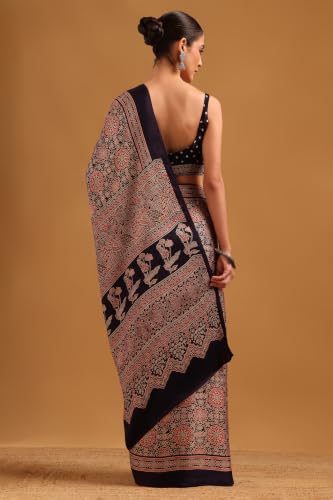 Soch Womens Navy Blue Viscose Ajrak Saree