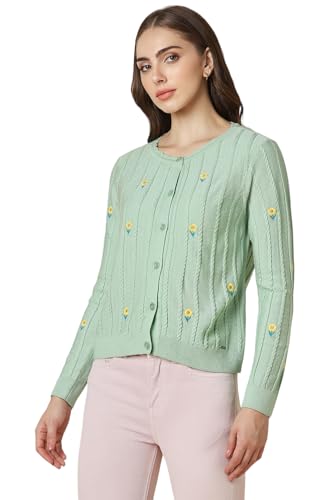 Women Green Embroidered Round Neck Casual Sweater