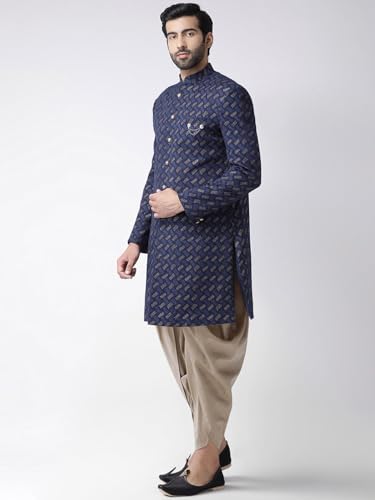 KISAH Men Navy Blue Printed Cotton Sherwani Set, Full Sleaves, Knee Length, Straight, Regular Fit, Mandarin Collar Ethnic wear