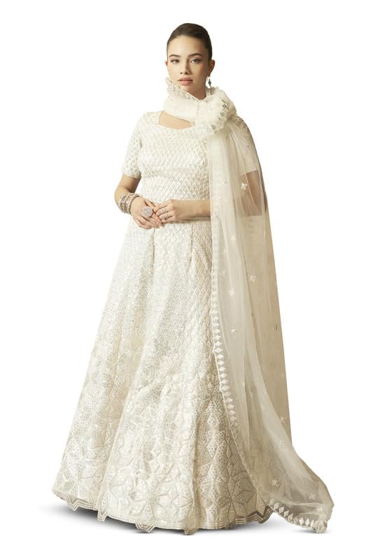 Soch Womens White Net Embroidered Unstitched Lehenga Set with Sequin Embellishments