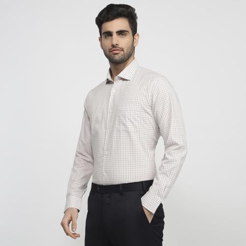 Raymond Men Regular Fit Checks Pattern Pure Cotton Semicutaway Collar Full Sleeve Apple Cut Casual Shirt Light Brown