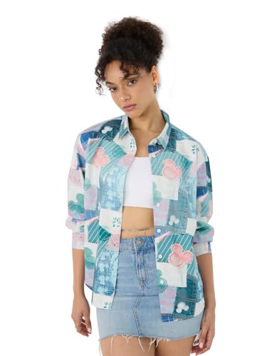 The Souled Store Mickey Mouse: Toodles Women and Girls Long Sleeves Collared Neck Button Front Blue Printed Cotton Boyfriend Shirts