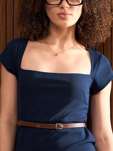 Sassafras worklyf Women's Navy Rhombus Neck Belted Bodycon Midi Dress-XXL