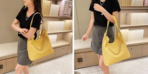 SIBY Large Capacity Tote Bag | Vintage Shoulder Purse with Acrylic Chains | PU Crossbody Messenger Bag - Yellow