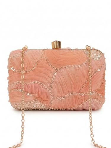 THE TAN CLAN Aqua Orange Box Clutch Purse For Women Stylish Ladies Handbag Bridal Wedding Fancy Ethnic Clutch Bag Designer Evening Hand Purse With Chain Strap And Metal Closure