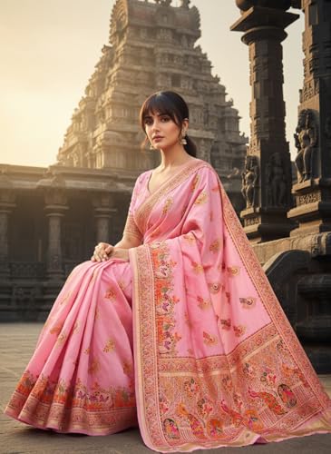 Glory Sarees Women's Pashmina Dola Silk Lagdi Patta Saree With Blouse Piece (Pashmina_Silk106_Pink)