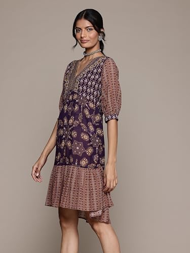 Aarke Ritu Kumar V-Neck Elbow Sleeve Printed Dress Purple