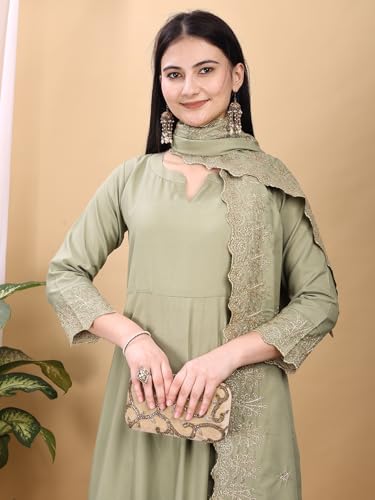 Granthva Fab Kurta Set for Women Silk Embroidered Anarkali Kurta with Palazzos and Dupatta (kurta set for women_BKG-1109-S_Light Green)
