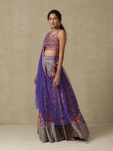 Aarke Ritu Kumar Purple Floral Printed Lehenga With Blouse And Dupatta