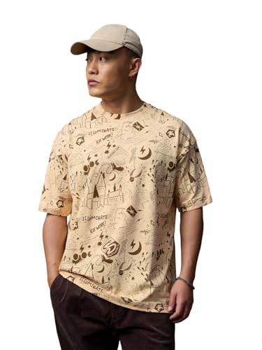 The Souled Store Harry Potter: in The Era Men and Boys Short Sleeves Round Neck Beige Graphic Printed Casual Lightweight Drop Shoulder Streetwear Trendy Cotton Oversized T-Shirt
