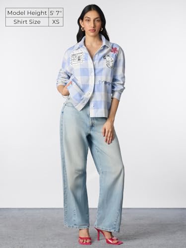 The Souled Store Peanuts: Gurgle Women and Girls Long Sleeves Collared Neck Button Front Embroidered Cotton Oversized Fit Lightweight Casual Streetwear Typography Printed Shackets