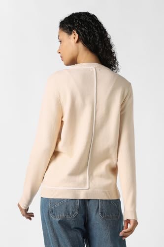 Women Beige Solid Round Neck Sweater