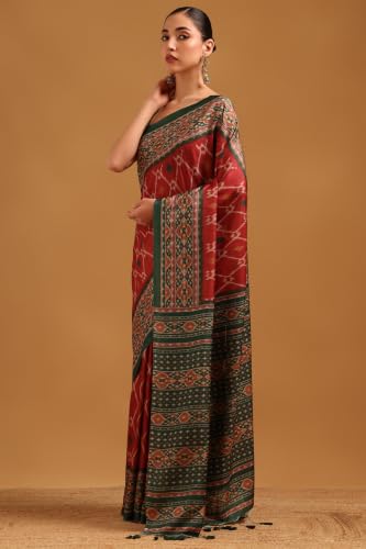 Soch Womens Maroon Tussar Ikat Printed Saree