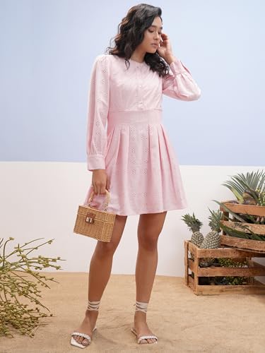 Vishudh Women Long Sleeve Round Neck Dress VVa1000083 Pink M