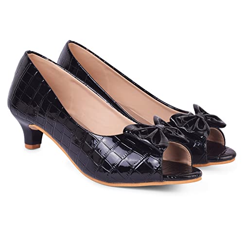 XE Looks Women's Black Patent Peep-Toe Heels | Textured Glossy Finish with Bow Design | Stylish, Comfortable & Trendy Kitten Heel Pumps For Girls & Women