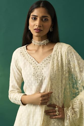 Wishful Women's Off-White Embroidered Anarkali Cotton Blend Kurta with Straight Pants and Dupatta Set - (SP12572-314255-L)
