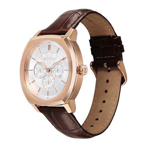 Titan Regalia Arc Analog with Day Date Second Subdial and Silver Dial Brown Leather Strap Watch for Men - 90213WL01