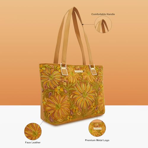 Caprese Siji Tresna Horizontal Medium Tote Bag for Women with Multiple Pockets | Kashida Embroidery Shoulder Bag | Fits Up to 15.6 Inch Laptop | Ideal for Work, Everyday Outings and Travel (Brown)