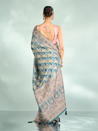 MOHEY Women's Art Silk Stone Work & Woven Saree with Blouse Piece (Blue)