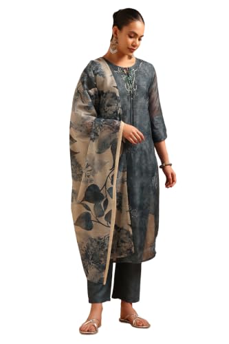 Soch Womens Grey Chanderi Digital Printed Botanical Salwar Suit With Cutdana