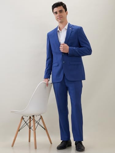 Raymond Men Contemporary Fit Solid Pattern Poly Wool Blend Notch Lapel Full Sleeve Formal Suit Blue
