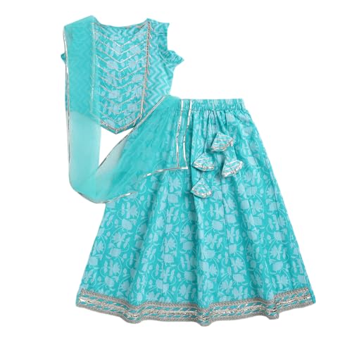 Hopscotch Girls Short Sleeves Blue 3-Pc Gota Lace Lehenga Set For Age (4-5 Years)