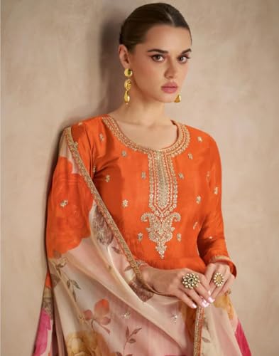 Miss Ethnik Women's Orange Chinon Stitched Gown With Dupatta Full Sleeve Embroidered A-Line Gown (ME-1307-Orange-M)