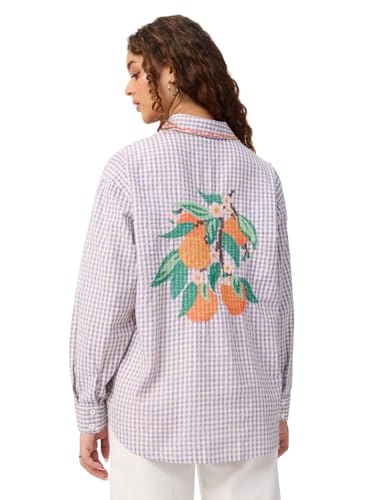 The Souled Store Citrus Bloom Women and Girls Full Sleeves Button Down Collar Light Blue Gingham Floral Embroidered Cotton Oversized Fit Lightweight Winter Shirt for Casual Wear