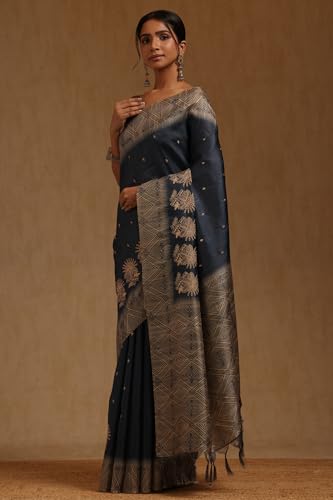Soch Womens Blue Tussar Ethnic Motifs Hand Embroidered Saree